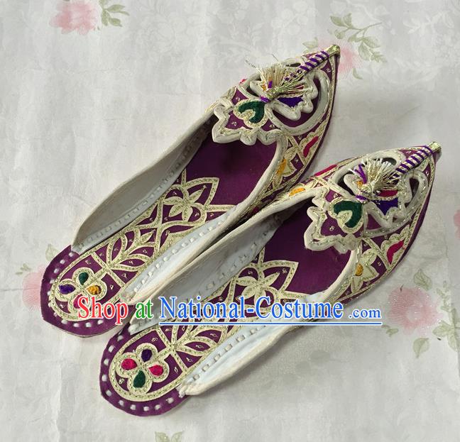 Handmade Indian Wedding Bride Shoes Asian Nepal Bride Shoes India Embroidery Pointed Shoes Female Purple Leather Slippers