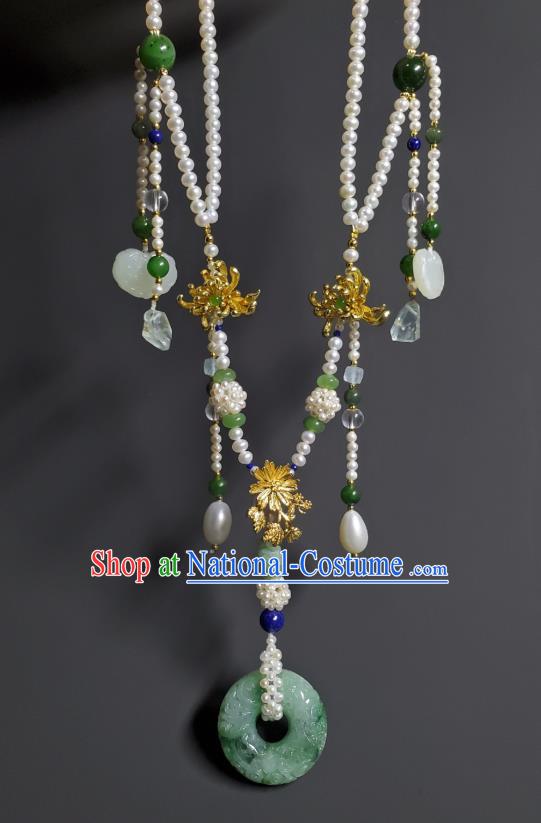 China Qing Dynasty Empress Jadeite Carving Necklet Handmade Pearls Tassel Jewelry Ancient Imperial Consort Necklace Accessories