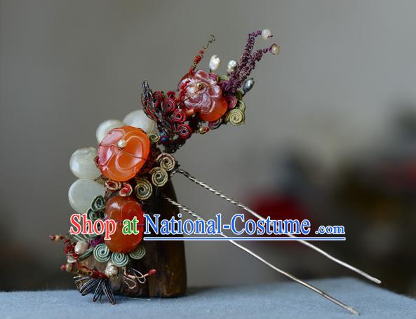 Chinese Handmade Qing Dynasty Court Woman Agate Hair Comb Ancient Empress Silver Hairpin Traditional Jade Hair Accessories