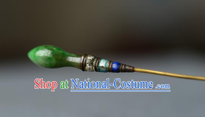 Chinese Handmade Qing Dynasty Princess Jade Hair Stick Ancient Palace Lady Silver Hairpin Traditional Cloisonne Hair Accessories