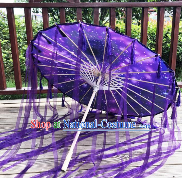 Chinese Purple Ribbon Tassel Umbrella Classical Dance Umbrella Traditional Performance Umbrella Handmade Silk Umbrellas