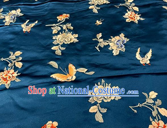 Chinese Traditional Peacock Blue Satin Tang Suit Silk Drapery Classical Butterfly Flowers Pattern Fabric Qipao Dress Cloth Material