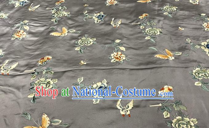 Chinese Classical Butterfly Flowers Pattern Fabric Qipao Dress Cloth Material Traditional Grey Satin Tang Suit Silk Drapery