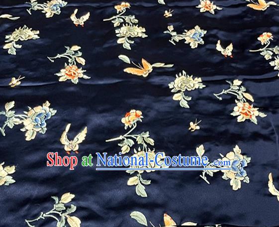 Chinese Tang Suit Drapery Classical Butterfly Flowers Pattern Silk Fabric Qipao Dress Cloth Material Traditional Navy Satin