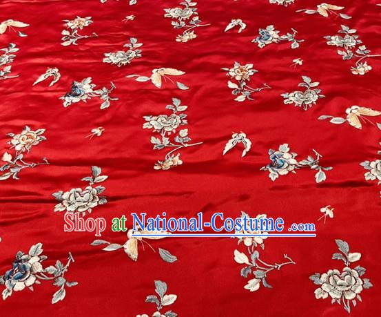 Chinese Traditional Red Satin Tang Suit Drapery Classical Butterfly Flowers Pattern Silk Fabric Qipao Dress Cloth Material