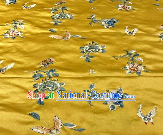 Chinese Traditional Qipao Dress Cloth Material Yellow Satin Tang Suit Drapery Classical Butterfly Flowers Pattern Silk Fabric