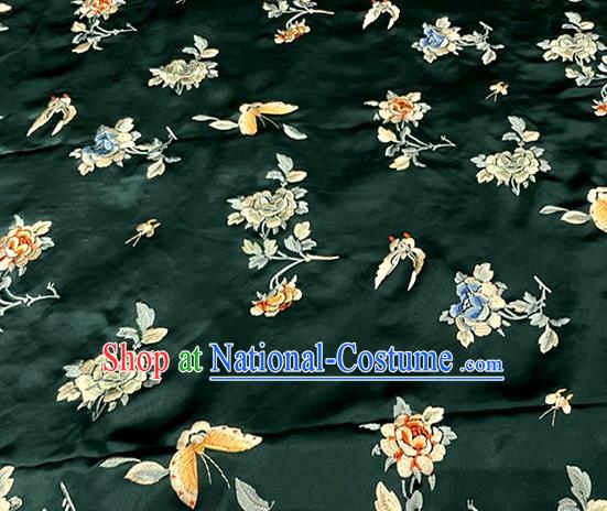 Chinese Classical Butterfly Flowers Pattern Silk Traditional Qipao Dress Cloth Material Atrovirens Satin Fabric Tang Suit Drapery