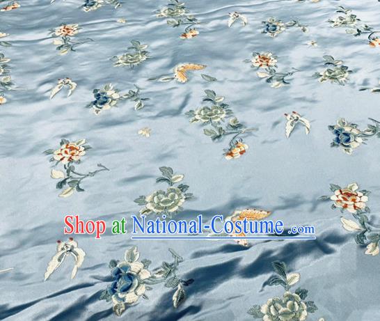 Chinese Traditional Cheongsam Cloth Material Satin Fabric Tang Suit Drapery Classical Butterfly Flowers Pattern Light Blue Silk