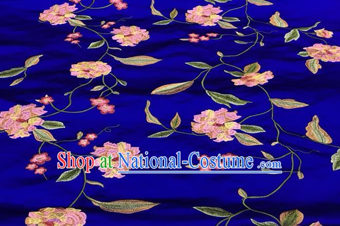 China Tang Suit Silk Fabric Traditional Cheongsam Embroidered Drapery Royal Peony Pattern Royalblue Brocade Material Classical Qipao Dress Damask Cloth