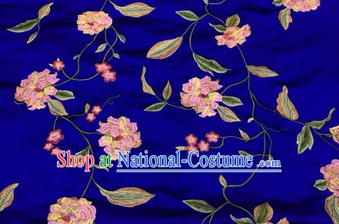 China Tang Suit Silk Fabric Traditional Cheongsam Embroidered Drapery Royal Peony Pattern Royalblue Brocade Material Classical Qipao Dress Damask Cloth