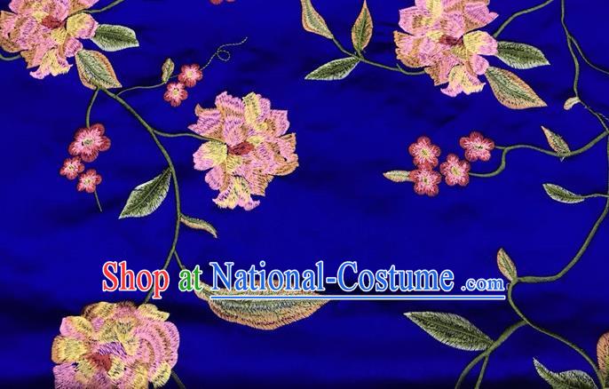 China Tang Suit Silk Fabric Traditional Cheongsam Embroidered Drapery Royal Peony Pattern Royalblue Brocade Material Classical Qipao Dress Damask Cloth