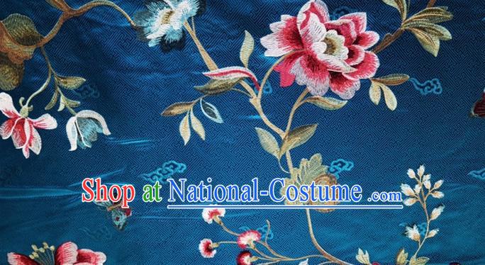 China Traditional Cheongsam Silk Drapery Classical Embroidered Peony Blue Brocade Material Qipao Dress Cloth Tang Suit Damask Fabric