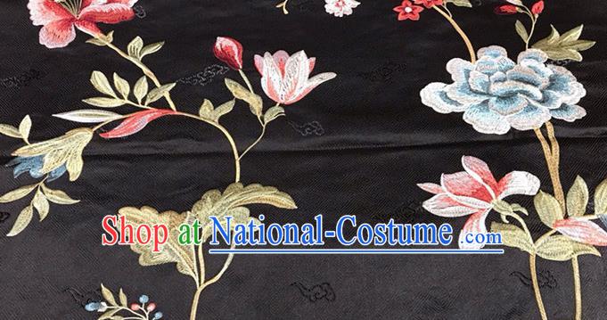 China Qipao Dress Satin Cloth Embroidered Damask Fabric Traditional Tang Suit Silk Drapery Classical Cheongsam Black Brocade Material