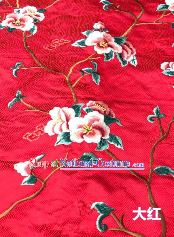 China Traditional Silk Fabric Embroidered Peach Blossom Satin Material Court Red Brocade Drapery Classical Cheongsam Damask Cloth