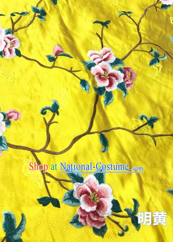 China Court Yellow Brocade Drapery Classical Cheongsam Damask Cloth Traditional Silk Fabric Embroidered Peach Blossom Satin Material