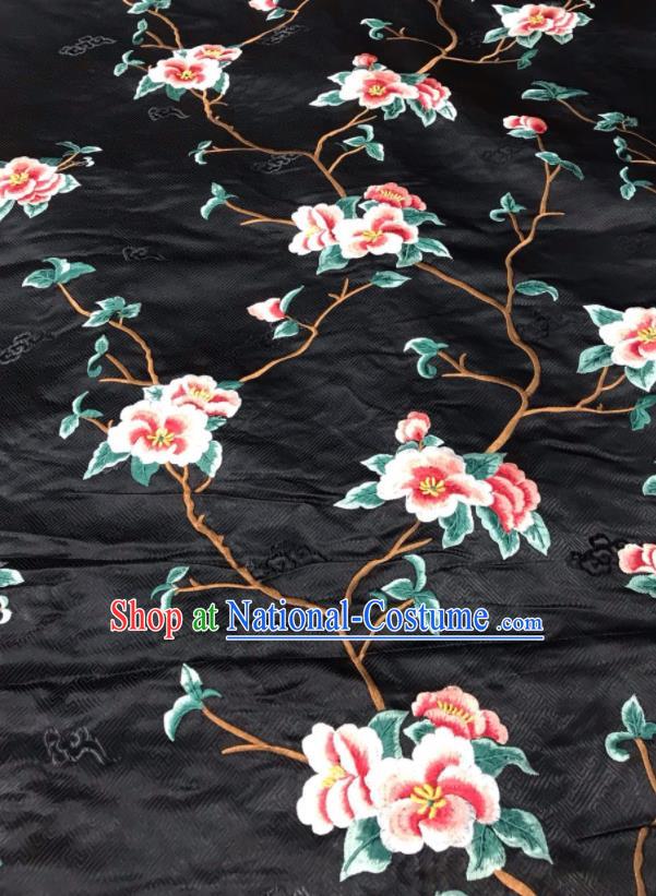 China Embroidered Peach Blossom Satin Material Court Black Brocade Drapery Classical Cheongsam Damask Cloth Traditional Silk Fabric