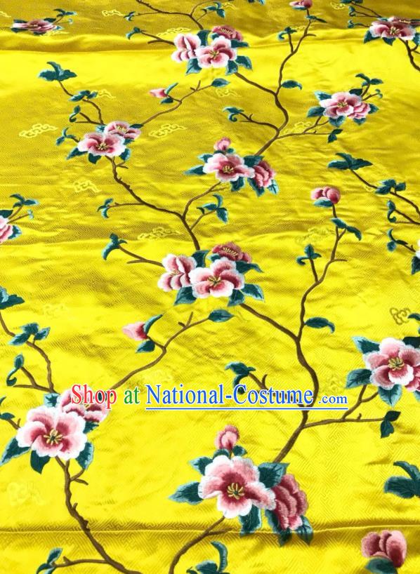 China Court Yellow Brocade Drapery Classical Cheongsam Damask Cloth Traditional Silk Fabric Embroidered Peach Blossom Satin Material