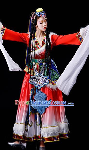 Chinese Zang Minority Folk Dance Garment Costumes Ethnic Festival Performance Red Dress Outfits Tibetan Nationality Water Sleeve Clothing