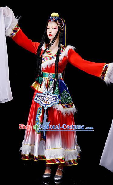 Chinese Zang Minority Folk Dance Garment Costumes Ethnic Festival Performance Red Dress Outfits Tibetan Nationality Water Sleeve Clothing