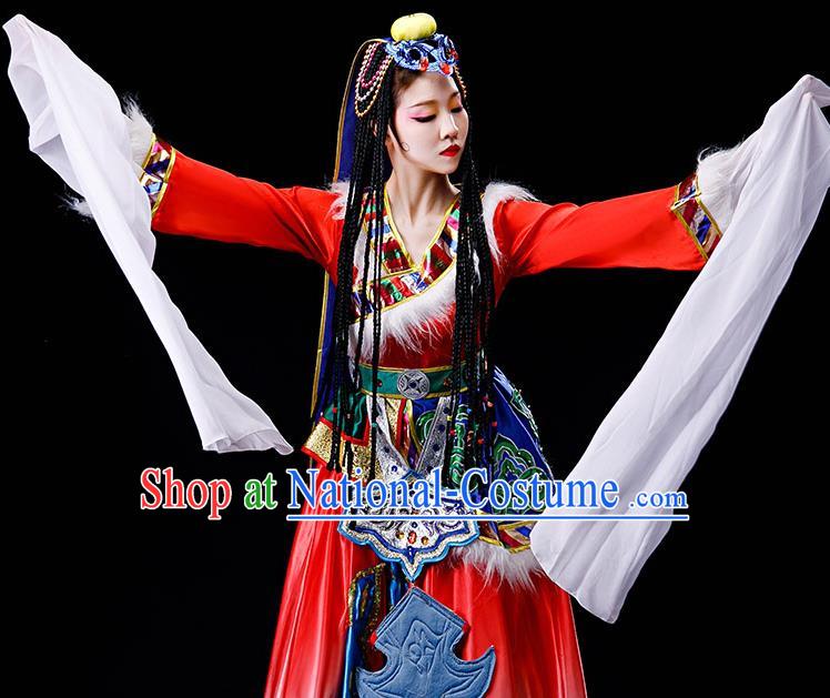 Chinese Zang Minority Folk Dance Garment Costumes Ethnic Festival Performance Red Dress Outfits Tibetan Nationality Water Sleeve Clothing