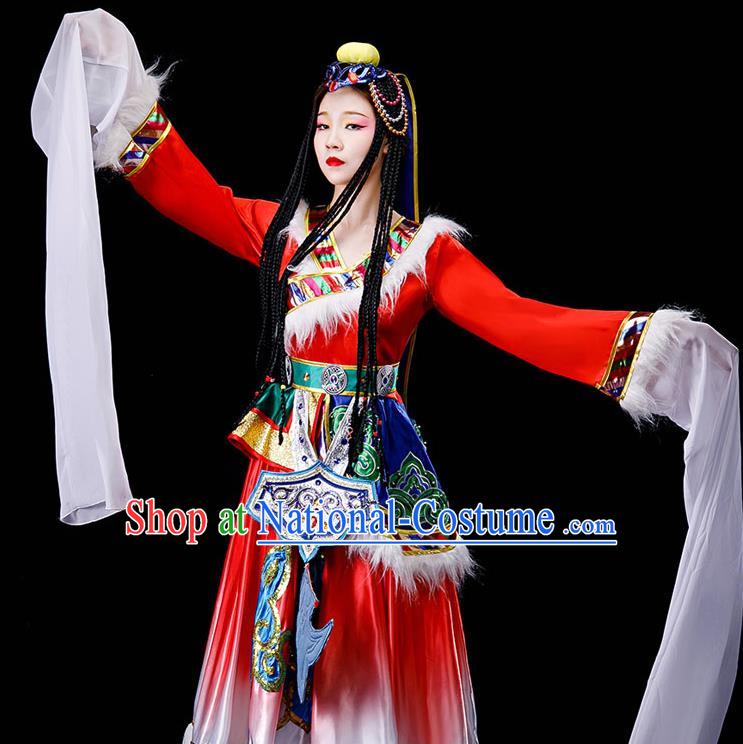 Chinese Zang Minority Folk Dance Garment Costumes Ethnic Festival Performance Red Dress Outfits Tibetan Nationality Water Sleeve Clothing