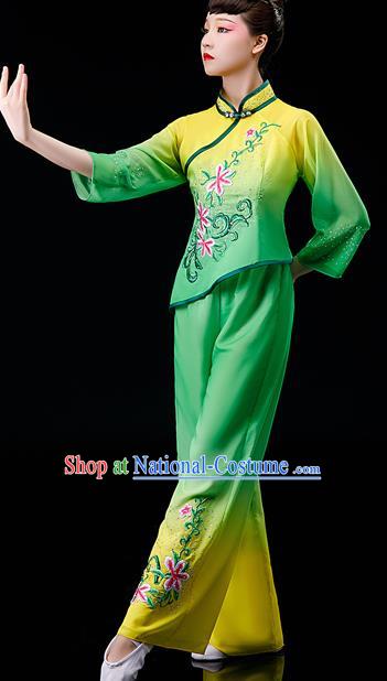 Chinese Traditional Fan Dance Garment Costumes Yangko Dance Clothing Country Women Square Performance Apparels Folk Dance Green Uniforms