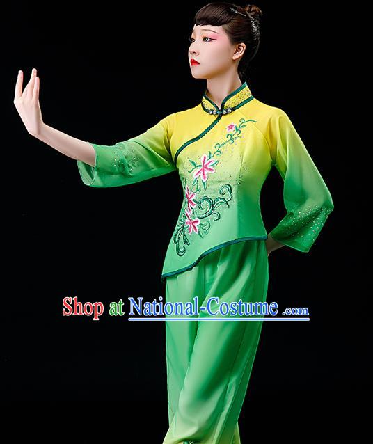 Chinese Traditional Fan Dance Garment Costumes Yangko Dance Clothing Country Women Square Performance Apparels Folk Dance Green Uniforms