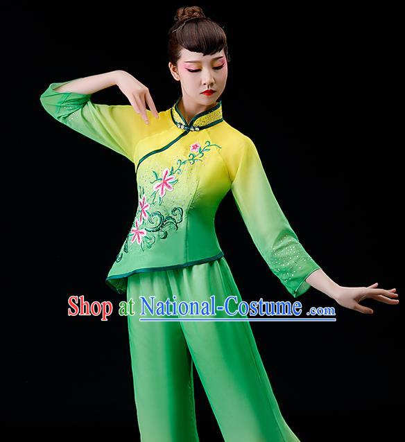 Chinese Traditional Fan Dance Garment Costumes Yangko Dance Clothing Country Women Square Performance Apparels Folk Dance Green Uniforms