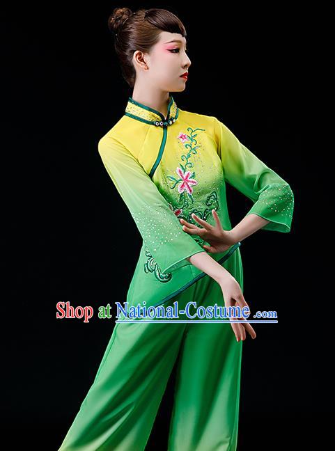 Chinese Traditional Fan Dance Garment Costumes Yangko Dance Clothing Country Women Square Performance Apparels Folk Dance Green Uniforms