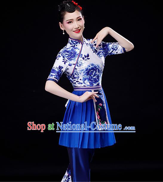 Chinese Yangko Performance Clothing Fan Dance Apparels Folk Dance Printing Uniforms Traditional Country Women Square Dance Garment Costumes