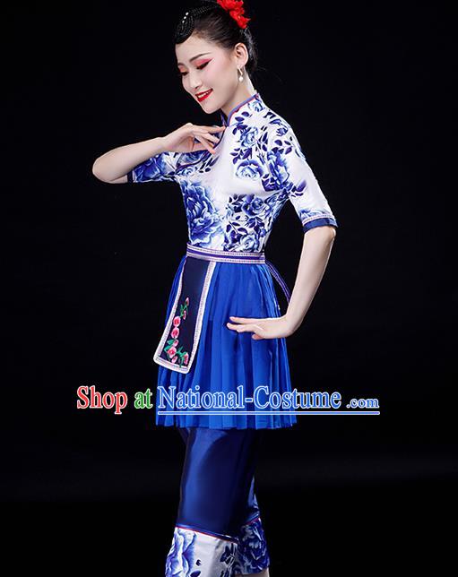 Chinese Yangko Performance Clothing Fan Dance Apparels Folk Dance Printing Uniforms Traditional Country Women Square Dance Garment Costumes