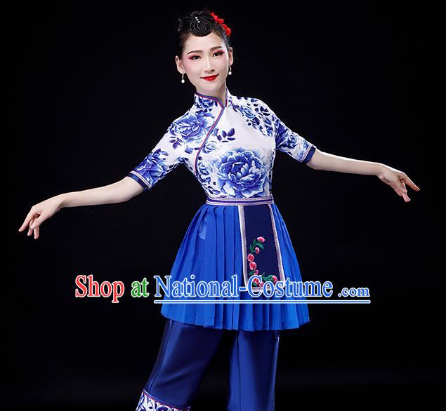 Chinese Yangko Performance Clothing Fan Dance Apparels Folk Dance Printing Uniforms Traditional Country Women Square Dance Garment Costumes