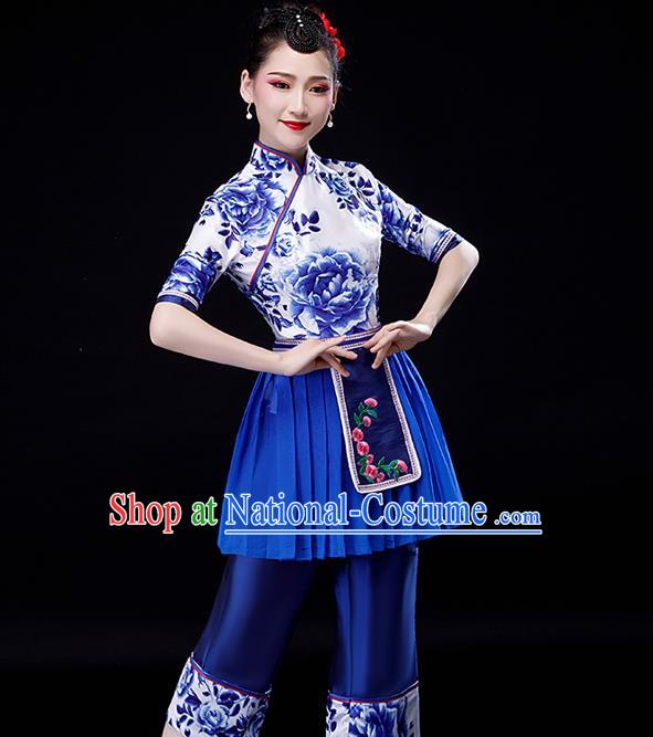 Chinese Yangko Performance Clothing Fan Dance Apparels Folk Dance Printing Uniforms Traditional Country Women Square Dance Garment Costumes