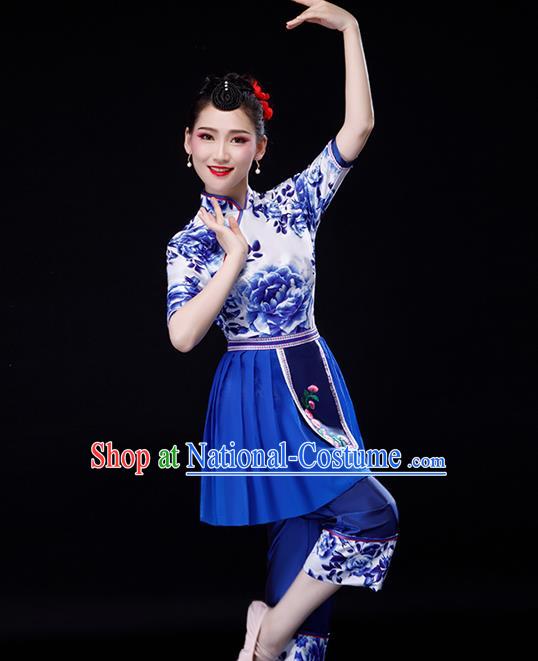 Chinese Yangko Performance Clothing Fan Dance Apparels Folk Dance Printing Uniforms Traditional Country Women Square Dance Garment Costumes