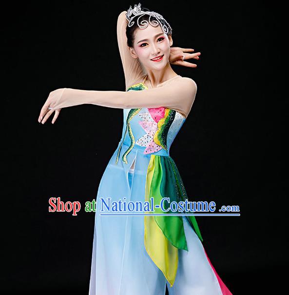 China Classical Dance Blue Dress Jasmine Flower Dance Garment Costumes Jiangnan Umbrella Dance Clothing Stage Performance Fashion Uniforms