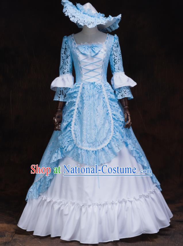 Top Halloween Garment Costume Gothic Maid Lady Formal Attire European Drama Performance Clothing Western Renaissance Style Blue Lace Full Dress