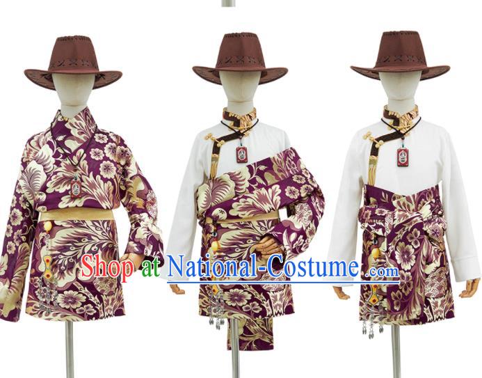 Chinese Traditional Performance Purple Brocade Tibetan Robe Xizang Ethnic Boys Costume Zang Nationality Kid Folk Dance Clothing