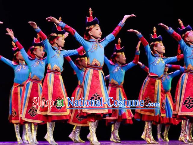 Chinese Mongol Nationality Folk Dance Blue Dress Outfits Traditional Ethnic Girl Clothing Mongolian Minority Stage Performance Costumes