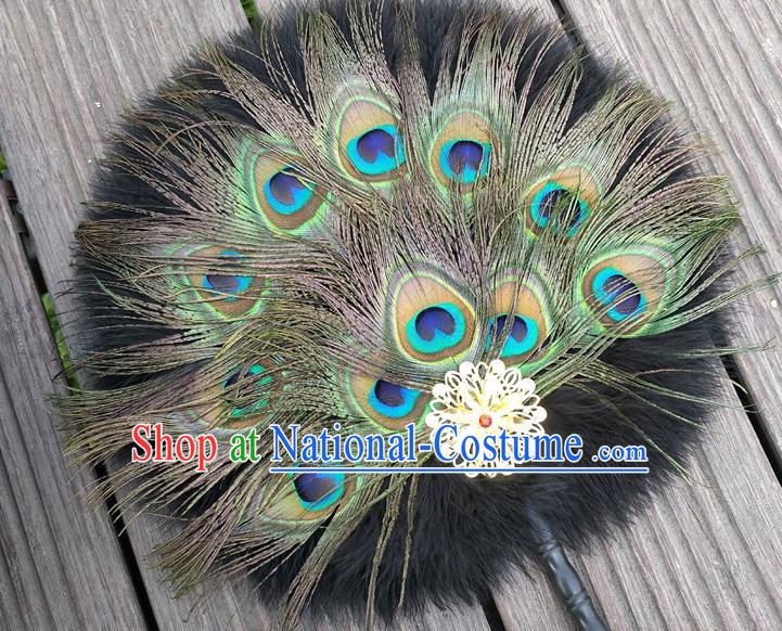 Chinese Traditional Hanfu Palace Fan Handmade Circular Fans Classical Dance Fan Ancient Swordsman Peacock Feather Fan