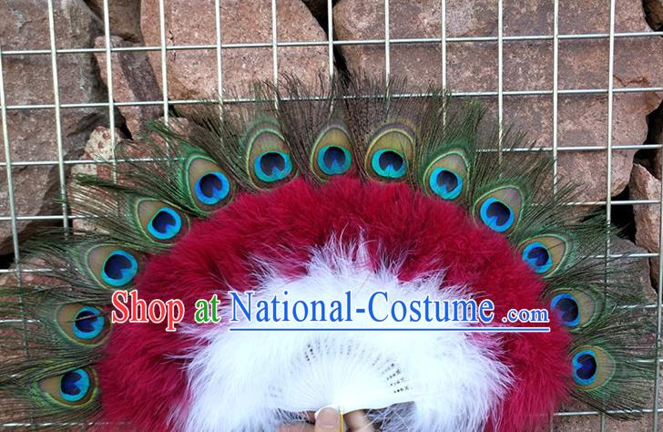 Handmade Wedding Dance Wine Red Feather Fan Belly Dance Peacock Feather Fan Modern Dance Fan Baroque Princess Fan