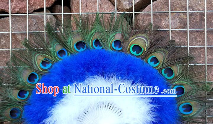 Handmade Modern Dance Fan Baroque Princess Fan Wedding Dance Royalblue Feather Fan Belly Dance Peacock Feather Fan