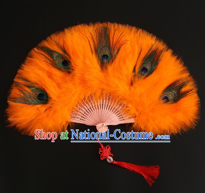 Chinese Handmade Peacock Feather Fans Stage Show Fan Classical Dance Orange Feather Fan Traditional Hanfu Folding Fan