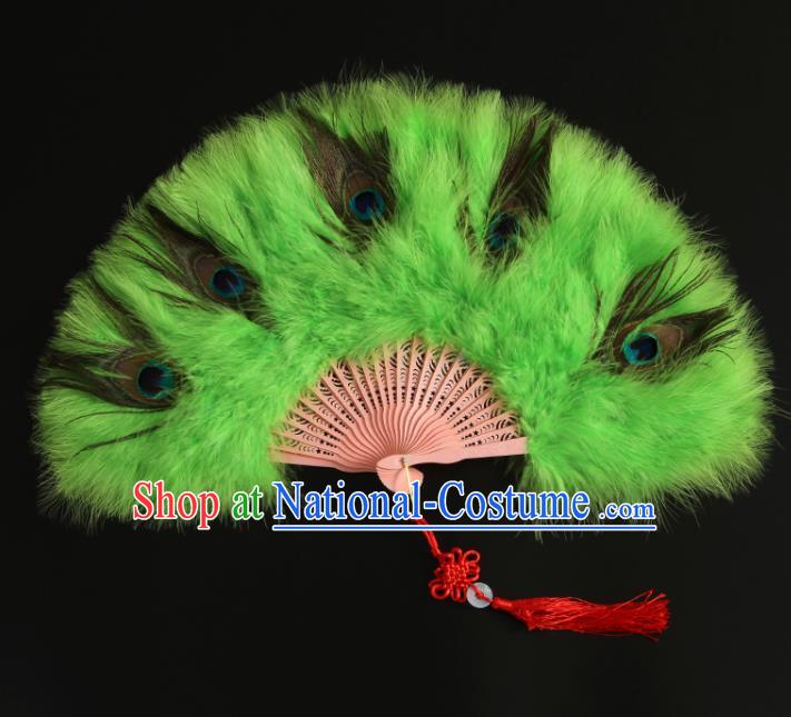 Chinese Traditional Hanfu Folding Fan Handmade Peacock Feather Fans Stage Show Fan Classical Dance Light Green Feather Fan