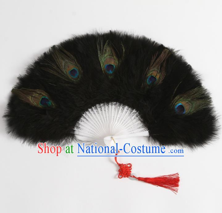 Chinese Folk Dance Black Feather Fan Traditional Hanfu Fan Handmade Peacock Feather Fans Stage Show Folding Fan