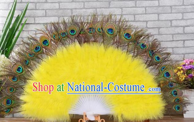 Top Opening Dance Yellow Villus Fan Belly Dance Folding Fan Halloween Cosplay Performance Fan Handmade Peacock Feathers Party Fan