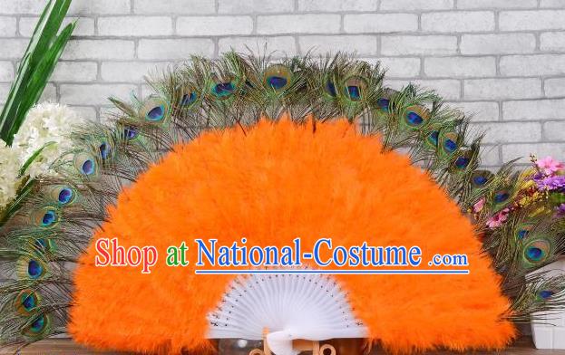 Top Handmade Peacock Feathers Party Fan Opening Dance Orange Villus Fan Belly Dance Folding Fan Halloween Cosplay Performance Fan