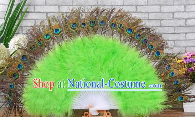 Top Halloween Cosplay Performance Fan Handmade Peacock Feathers Party Fan Opening Dance Green Villus Fan Belly Dance Folding Fan