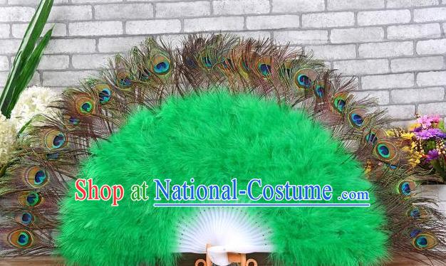 Top Handmade Peacock Feathers Fan Samba Dance Green Villus Fan Spanish Dance Folding Fan Stage Performance Fan