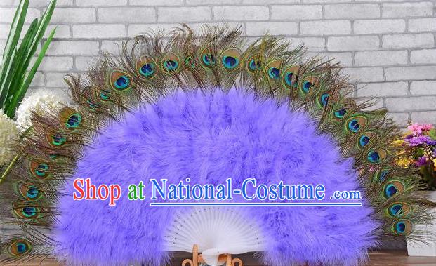 Top Stage Performance Fan Handmade Peacock Feathers Fan Samba Dance Purple Villus Fan Spanish Dance Folding Fan