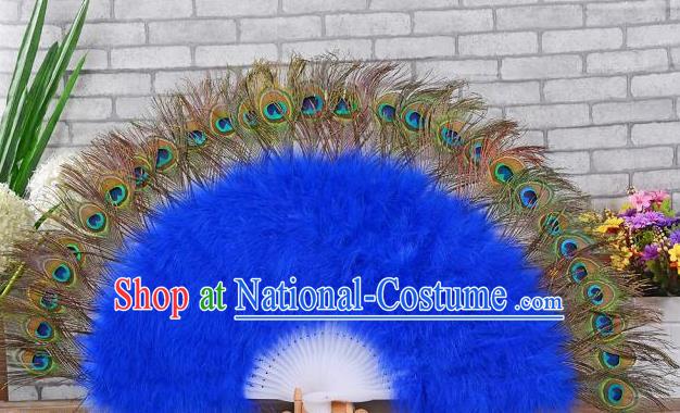 Top Spanish Dance Folding Fan Stage Performance Fan Handmade Peacock Feathers Fan Samba Dance Royalblue Villus Fan